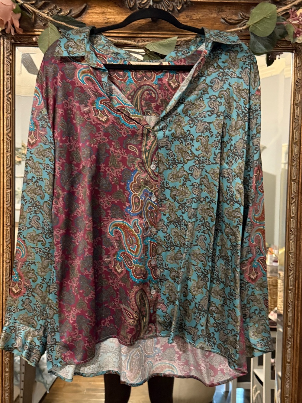 Soft Surroundings 100% Silk Split-Pane Paisley Tunic in Teal & Burgundy